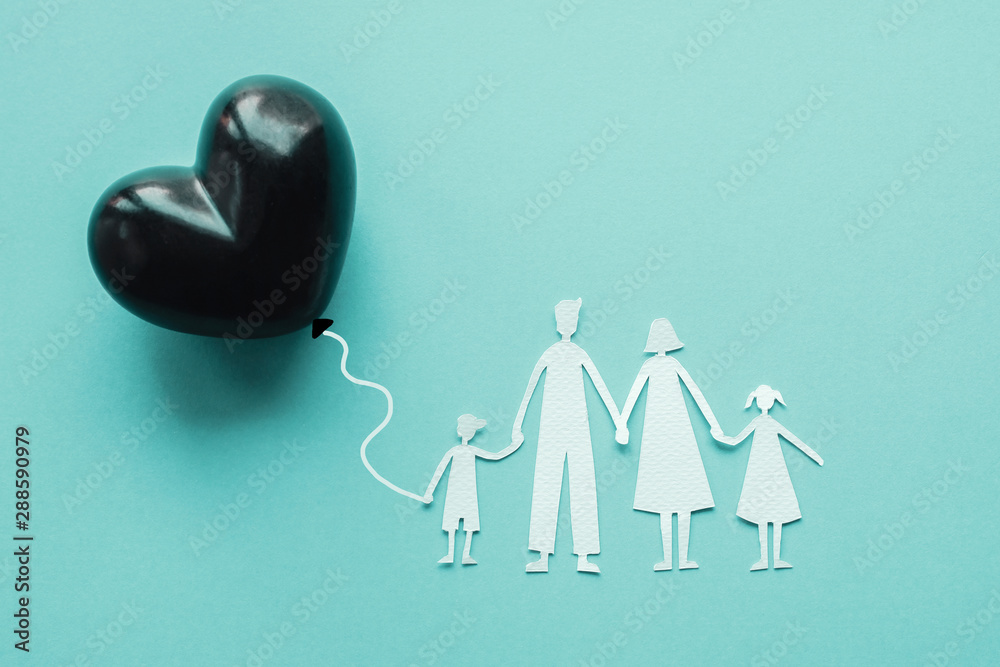 Family paper cut out holding black heart balloon , causes and effects