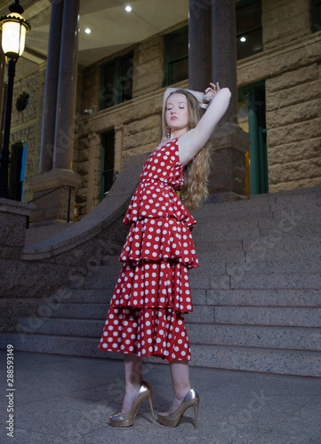 young woman in red dress