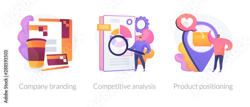Corporate identity, Business marketing strategy development flat icons set. Company branding, competitive analysis, product positioning metaphors. Vector isolated concept metaphor illustrations