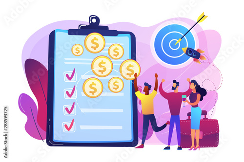 Successful business deal celebrating. Contract profitable agreement. Project closure, project closing process, acceptance of deliverables concept. Bright vibrant violet vector isolated illustration