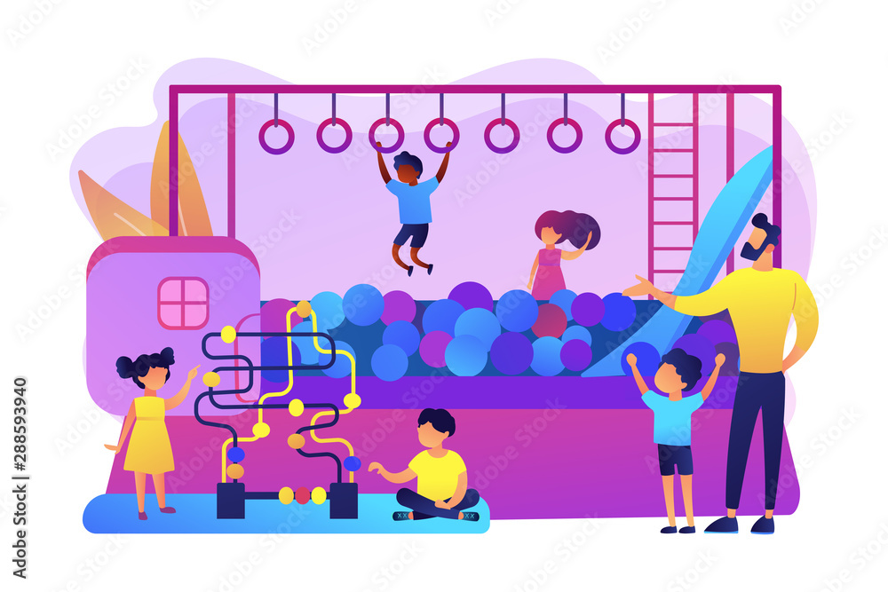 Children nursery, day care center. Active childhood recreation. Playroom for kids, best Indoor playgrounds, all in one indoor activity concept. Bright vibrant violet vector isolated illustration - obrazy, fototapety, plakaty 