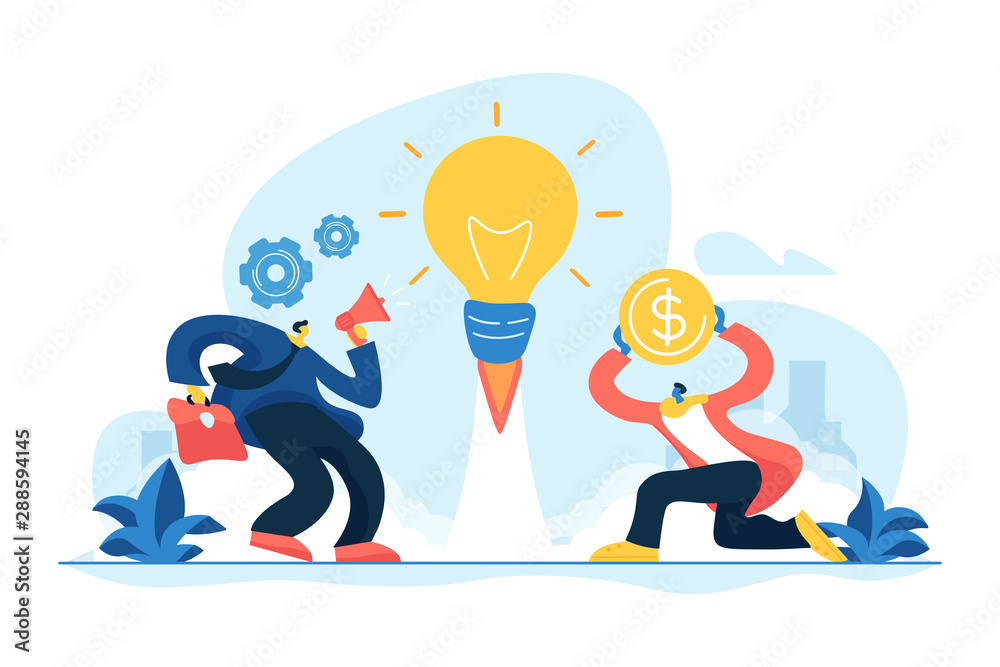 Startup, project launch. Team brainstorming, searching solution. Business idea, business plan, small business launcher, business development concept. Vector isolated concept creative illustration Startup, project launch. Team brainstorming, searching solution. Business idea, business plan, small business launcher, business development concept. Vector isolated concept creative illustration