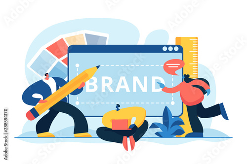 Corporate identity, company logo, name creating. Designers and marketers teamwork. Brand identity, business card, social media advertisement concept. Vector isolated concept creative illustration