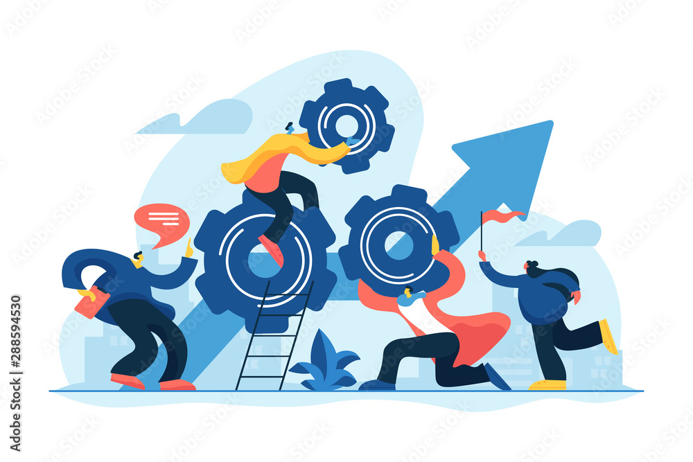 Startup work, success. Effective team-working, teamwork projects, teamwork skills, teamwork solutions, effective collaboration, Goal achievement concept. Vector isolated concept creative illustration - obrazy, fototapety, plakaty 