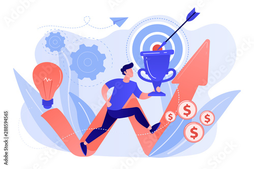 Businessman with trophy running and rising arrow. Business mission, mission statement, business goals and philosophies concept on white background. Living coral blue vector isolated illustration