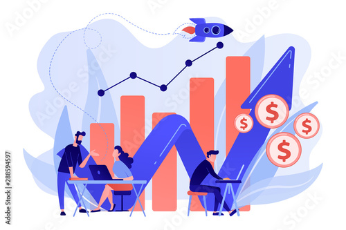 Sales managers with laptops and growth chart. Sales growth and manager, accounting, sales promotion and operations concept on white background. Living coral blue vector isolated illustration photo