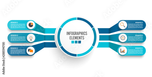 Vector infographic template with 3D paper label, integrated circles. Business concept with 6 options. For content, diagram, flowchart, steps, parts, timeline infographics, workflow, chart.