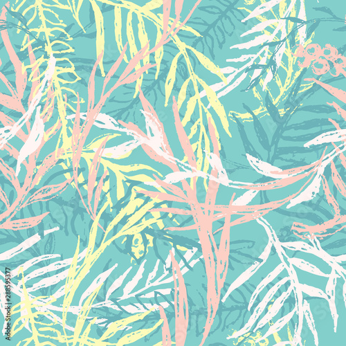Ink camouflage wallpaper  seamless pattern with leafs and twigs. Tropical nature  plants ferns in bright pastel colors for summer fashion. Floral print  texture and background. Vector grunge textile.