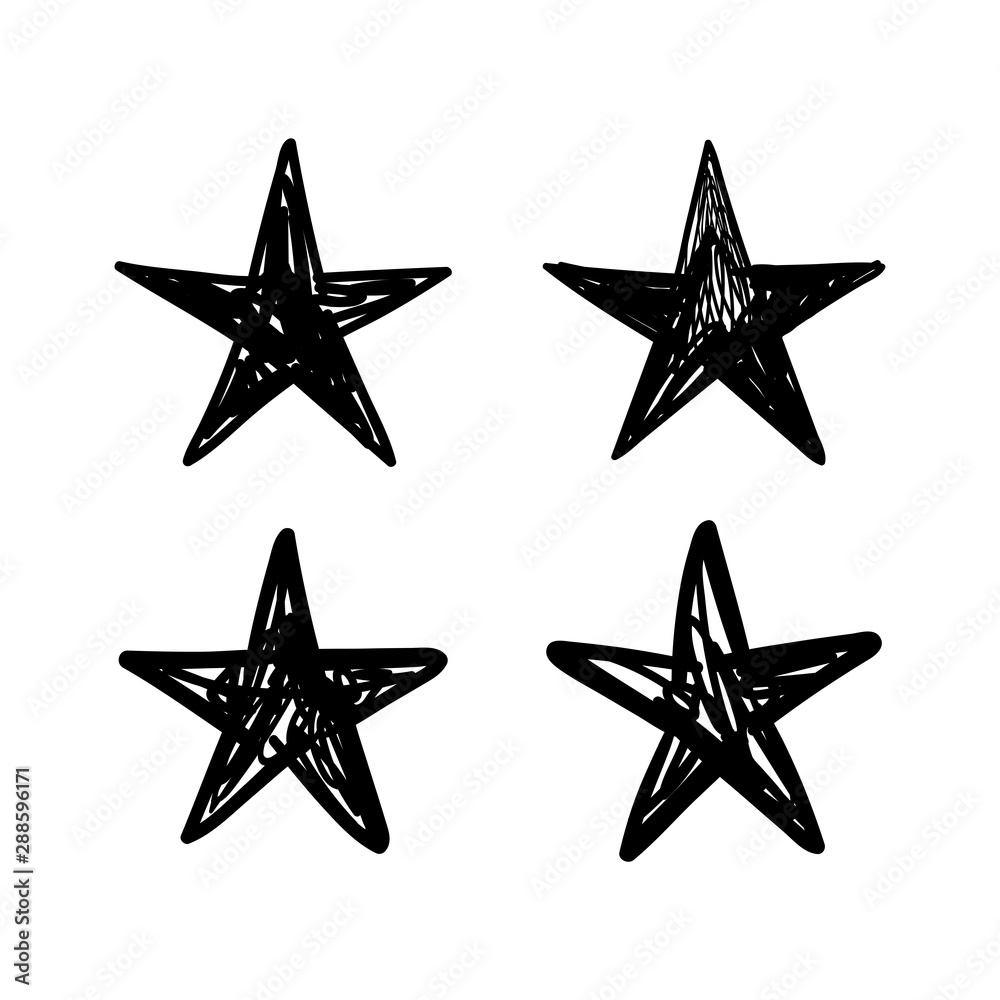 Star doodles collection. Set of hand drawn stars. Ink cartoon illustrations.
