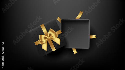 Black open square gift box decorated with bow-ribbon gold on black background. Xmas present. Top view. Vector illustration.