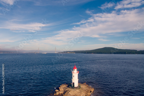 Aerial photo of marine landscape with views of the landmark lighthouse Tokarevskiy.