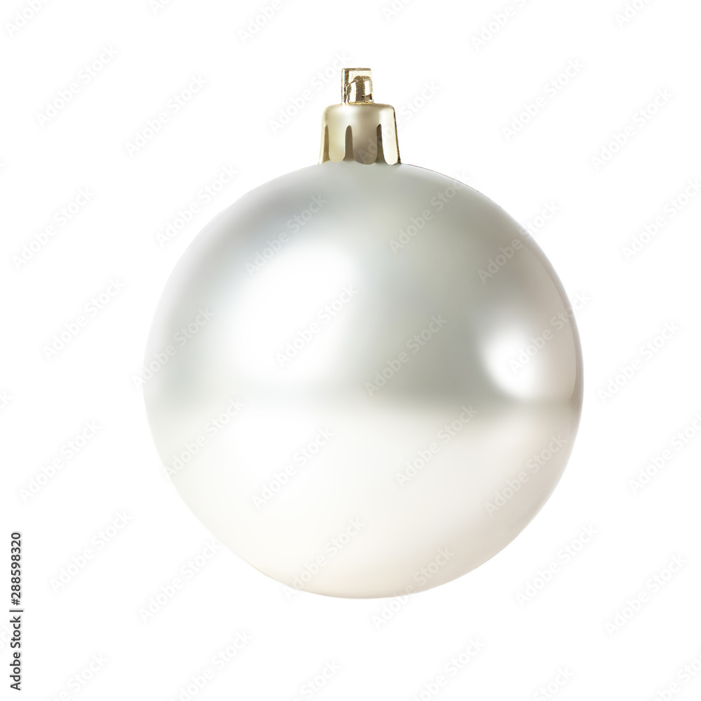 Silver Christmas ball isolated on white background. Close up. Traditional Christmas Symbol. Silver Christmas ball isolated on white background. Close up. Traditional Christmas Symbol.