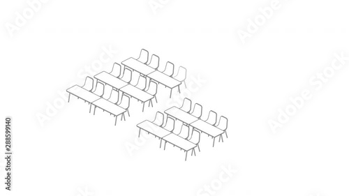 Meeting room setup layout configuration Classroom style, 3D virtual isometric concept design illustration on white background animation 4K, copy space with matte alpha channel