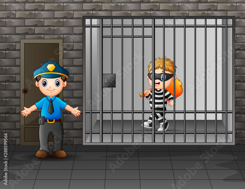 Prisoner in the jail being guarded by prison guards