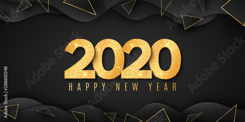 Abstract banner for Happy new year 2020. Fluid design. Wave shapes with triangles. Gold glitter numbers. Geometric style. Festive cover. Greeting card. Vector illustration