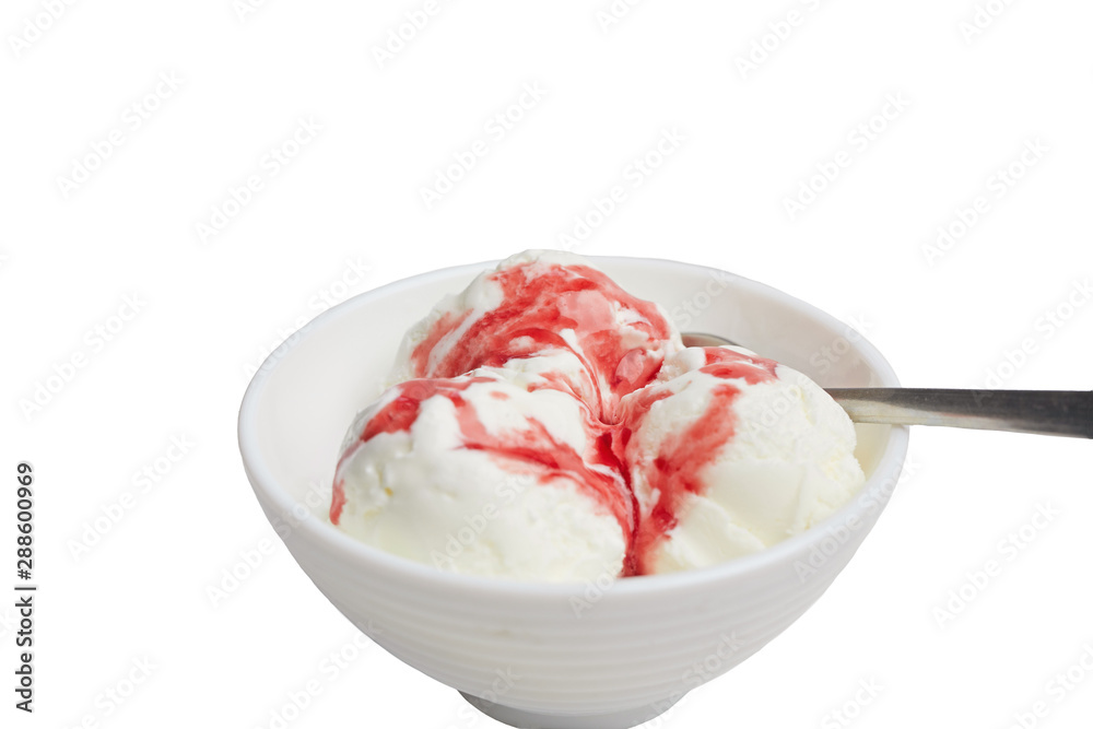 balls of white vanilla ice cream with red berry syrup in a white bowl on a white background. A spoon lies in a bowl balls of white vanilla ice cream with red berry syrup in a white bowl on a white background. A spoon lies in a bowl