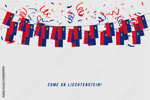 Liechtenstein flag with confetti on white background, Hang bunting for Liechtenstein celebration template banner.