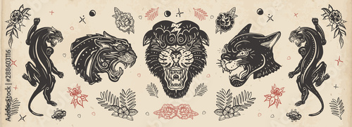 Black panthers. Old school tattoo collection. Japanese style. Vintage wild cats. Traditional tattooing art