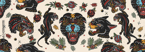 Black panthers seamless pattern. Old school tattoo style. Wild cats, red heart and palm leaves. Japanese animals background. Traditional tattooing art
