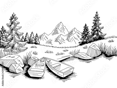 River boat graphic black white landscape sketch illustration vector