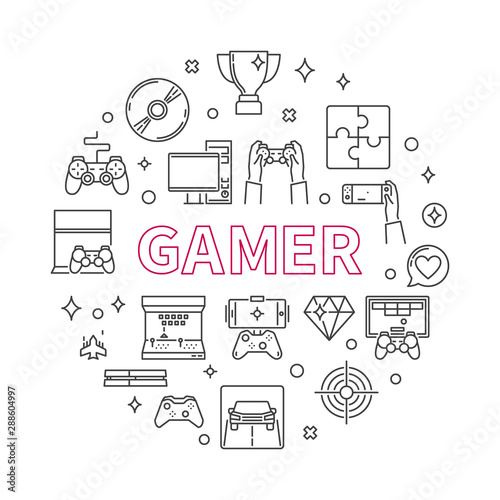 Gamer vector round concept outline minimal illustration on white background