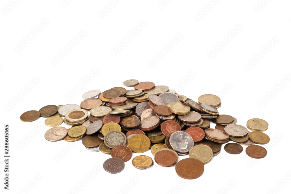Different country coins on a white background Different country coins on a white background