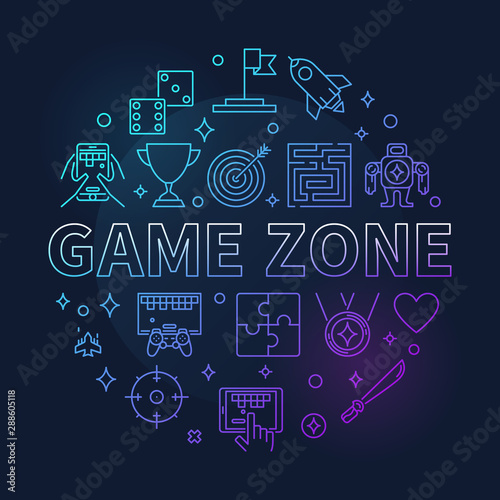 Vector Game Zone concept round colored thin line illustration on dark background
