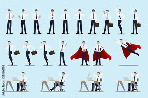 Flat design concept of Businessman with different poses, working and presenting process gestures, actions and poses. Vector cartoon character design set.