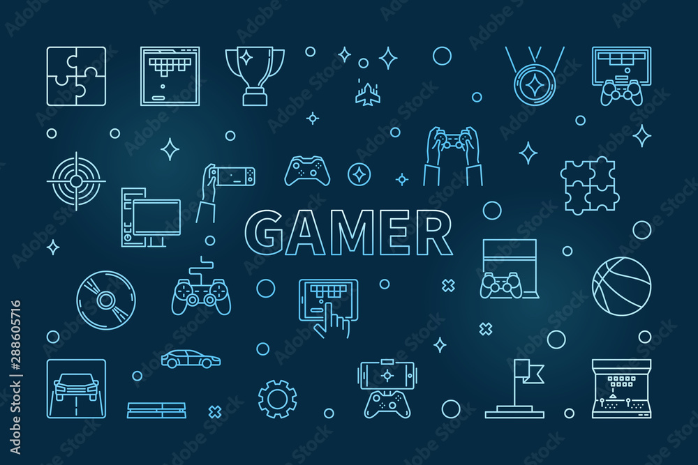 Gamer vector concept blue outline horizontal illustration or banner on dark background