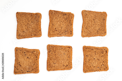 Set of slices toast bread isolated on white background. Rye bread with bran. Top View