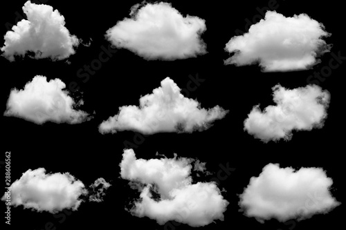 Set group of clouds white for design on isolated elements black background.
