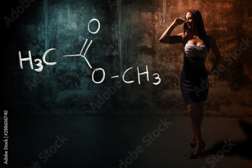 Billede på lærred Sexy girl or secretary or female student presenting handdrawn chemical formula o
