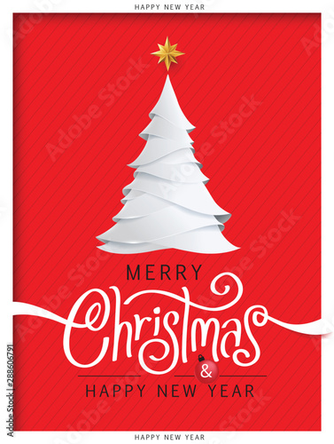 Merry Christmas and Happy New Year background for Greeting cards with christmas tree paper art style.Merry Christmas vector text Calligraphic Lettering Vector illustration.