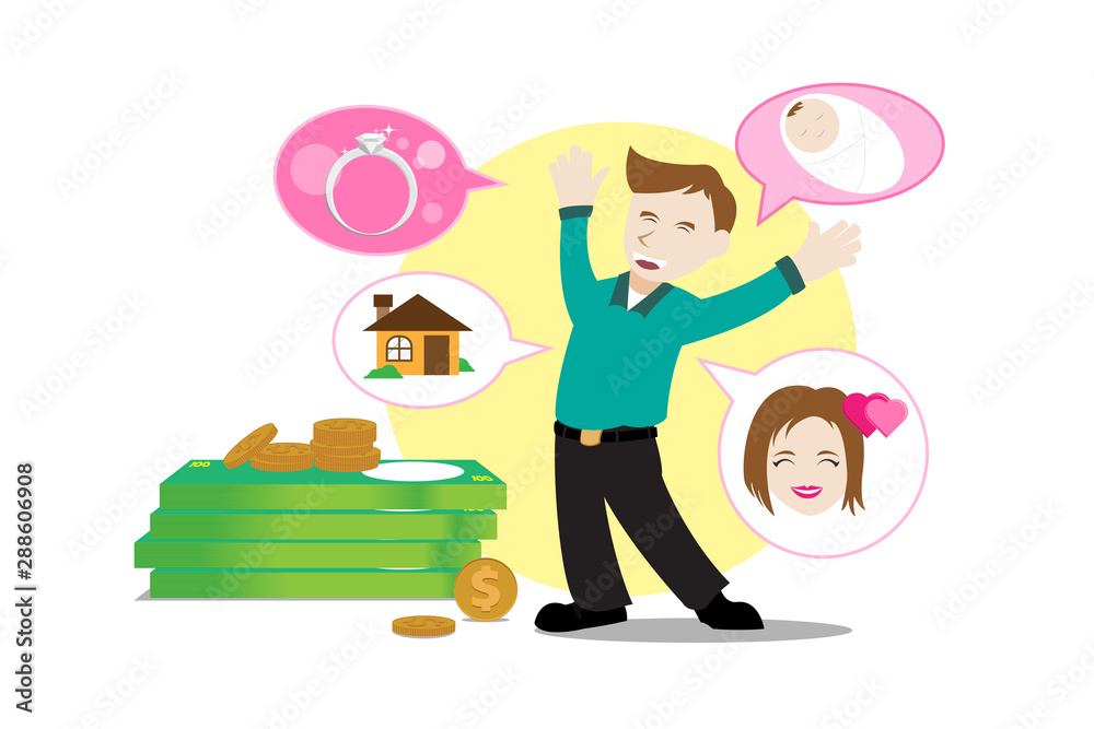 Naklejka premium Happy man with his life goals as lover, wedding, house and baby from his success in working to earning more income money. Editable with layers. Isolation vector illustration.