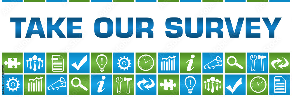 Take Our Survey Green Blue Box Grid Business Symbols Take Our Survey Green Blue Box Grid Business Symbols