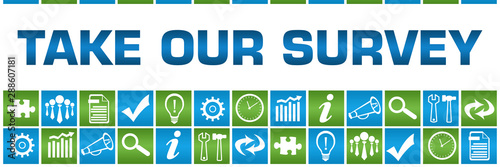 Take Our Survey Green Blue Box Grid Business Symbols 