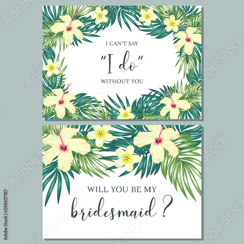 Bridesmaid greeting card with tropical hibiscus bouquet