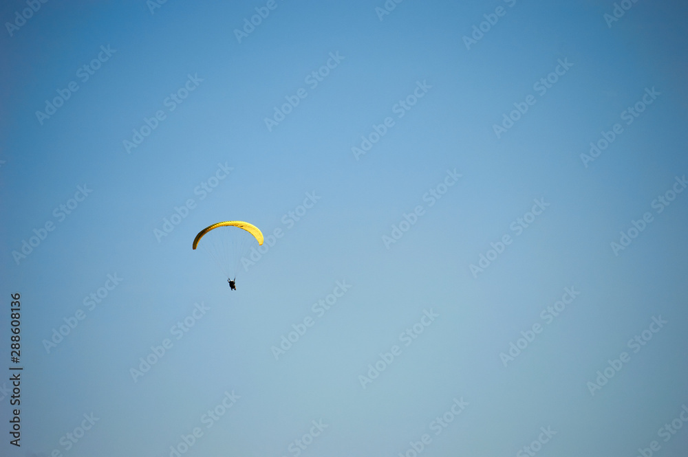 parachutist with yellow wing in the blue sky parachutist with yellow wing in the blue sky