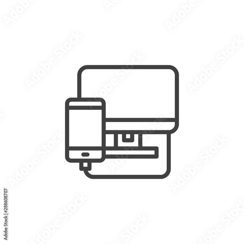 Phone diagnostics service line icon. linear style sign for mobile concept and web design. Smartphone connected to computer monitor outline vector icon. Mobile repair symbol, logo illustration.