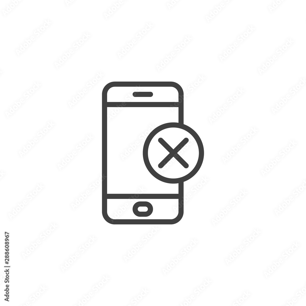Mobile phone with cross button line icon. linear style sign for mobile concept and web design. Invalid Device outline vector icon. Symbol, logo illustration. Vector graphics Mobile phone with cross button line icon. linear style sign for mobile concept and web design. Invalid Device outline vector icon. Symbol, logo illustration. Vector graphics