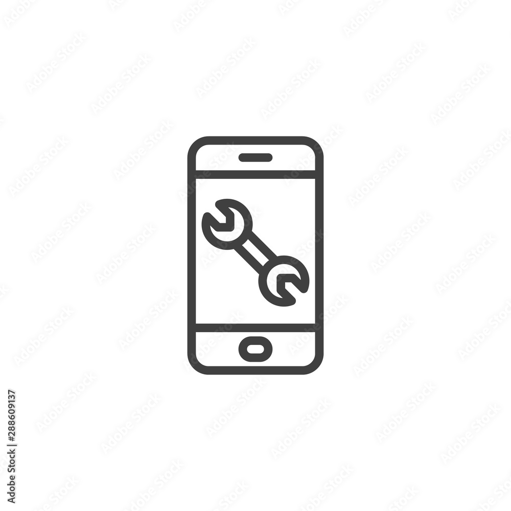 Phone with wrench line icon. linear style sign for mobile concept and web design. Smartphone repair outline vector icon. Symbol, logo illustration. Vector graphics Phone with wrench line icon. linear style sign for mobile concept and web design. Smartphone repair outline vector icon. Symbol, logo illustration. Vector graphics