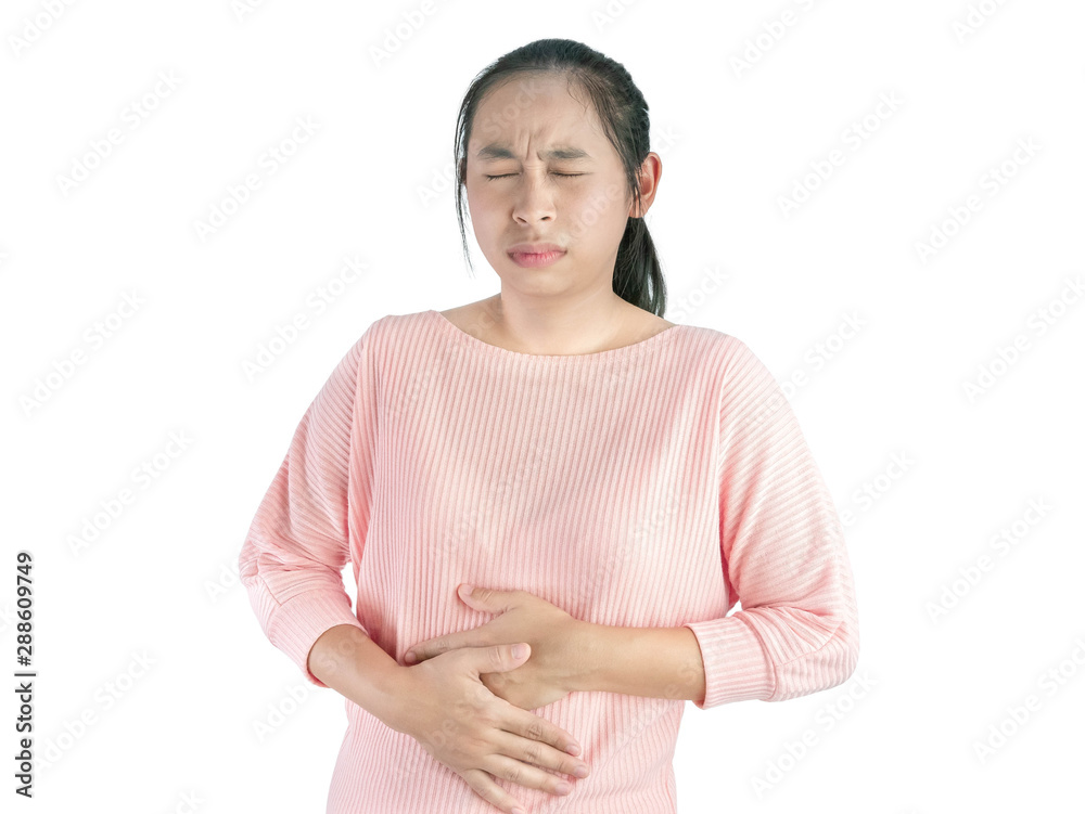 Unhealthy Asian woman suffering from stomachache and keeps hands on belly, Isolated on white background. Unhealthy Asian woman suffering from stomachache and keeps hands on belly, Isolated on white background.
