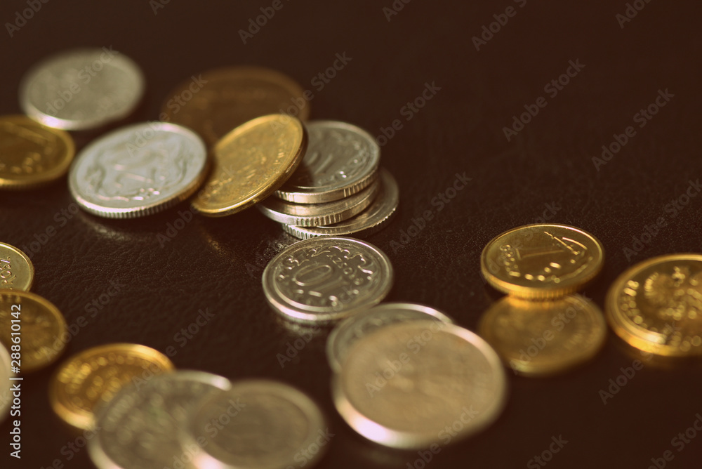 Polish coins scattered on a dark background close up. Retro style Polish coins scattered on a dark background close up. Retro style