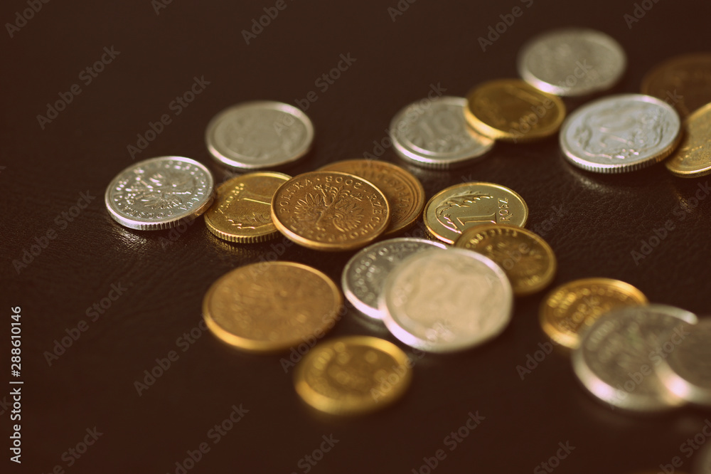 Polish coins scattered on a dark background close up. Retro style Polish coins scattered on a dark background close up. Retro style