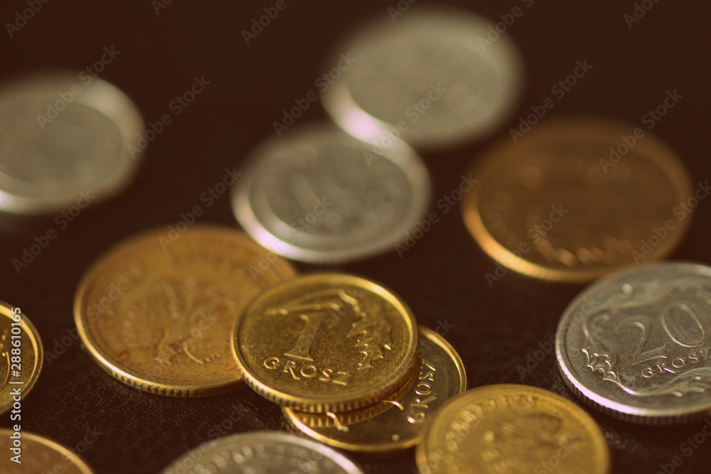 Polish coins scattered on a dark background close up. Retro style Polish coins scattered on a dark background close up. Retro style