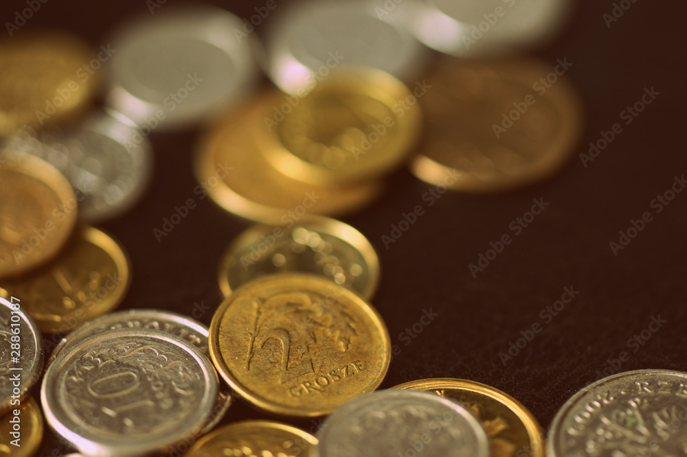 Polish coins scattered on a dark background close up. Retro style Polish coins scattered on a dark background close up. Retro style