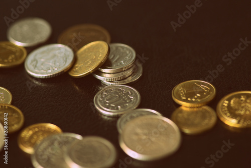 Polish coins scattered on a dark background close up. Retro style