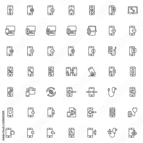 Mobile repair service line icons set. linear style symbols collection, outline signs pack. vector graphics. Set includes icons as screen protector glass, smartphone diagnostic, phone broken display