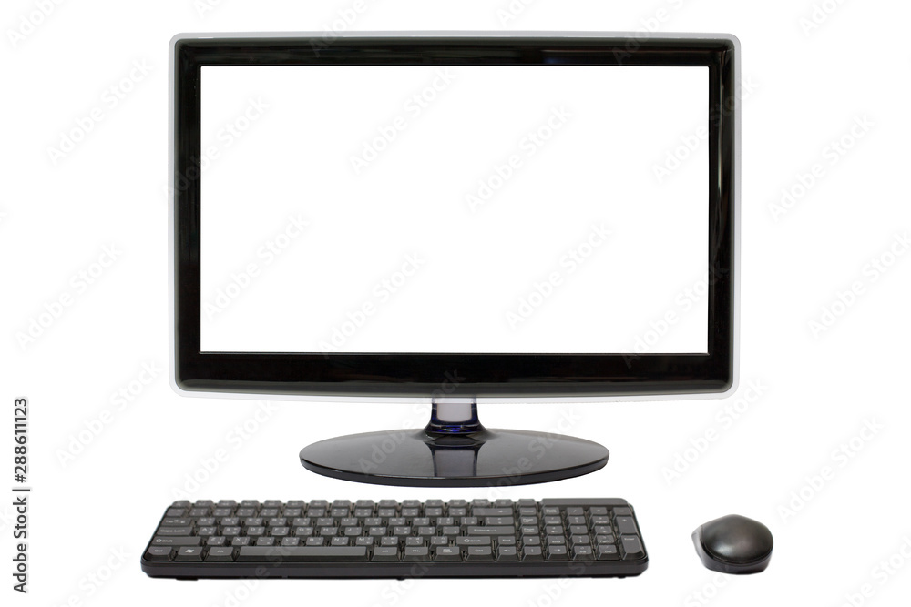 Modern flat screen computer monitor. Computer display isolated on white background, mock up devices in interior, Desktop computer and keyboard and mouse on white, White blank Monitor screen. Modern flat screen computer monitor. Computer display isolated on white background, mock up devices in interior, Desktop computer and keyboard and mouse on white, White blank Monitor screen.