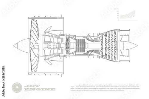 Jet engine of airplane in outline style. Industrial aerospase blueprint. Drawing of plane motor. Part of aircraft. Isolated image. Side view
